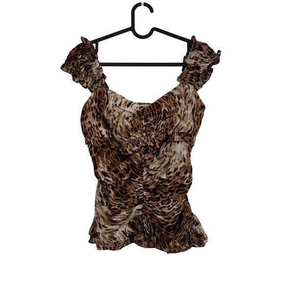 Bryan Bradley Silk Brown Animal Print Ruffle Ruched Ruffle Top Womens Small - Picture 3 of 9